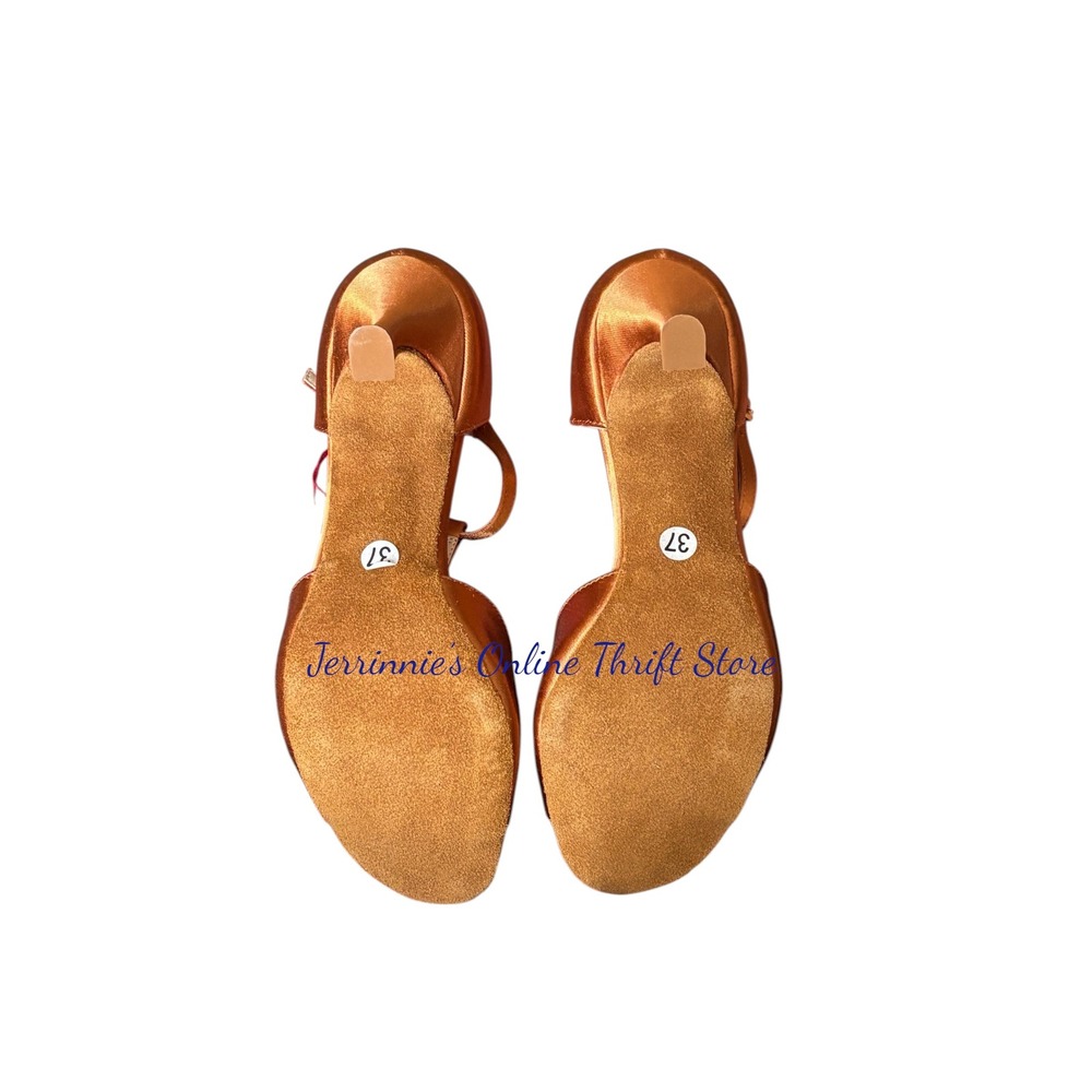 JIAJIA 20511 Womens Tan Satin T-Strap Ballroom Dance Shoes Heels Size 6.5 EU 37 - Picture 2 of 4